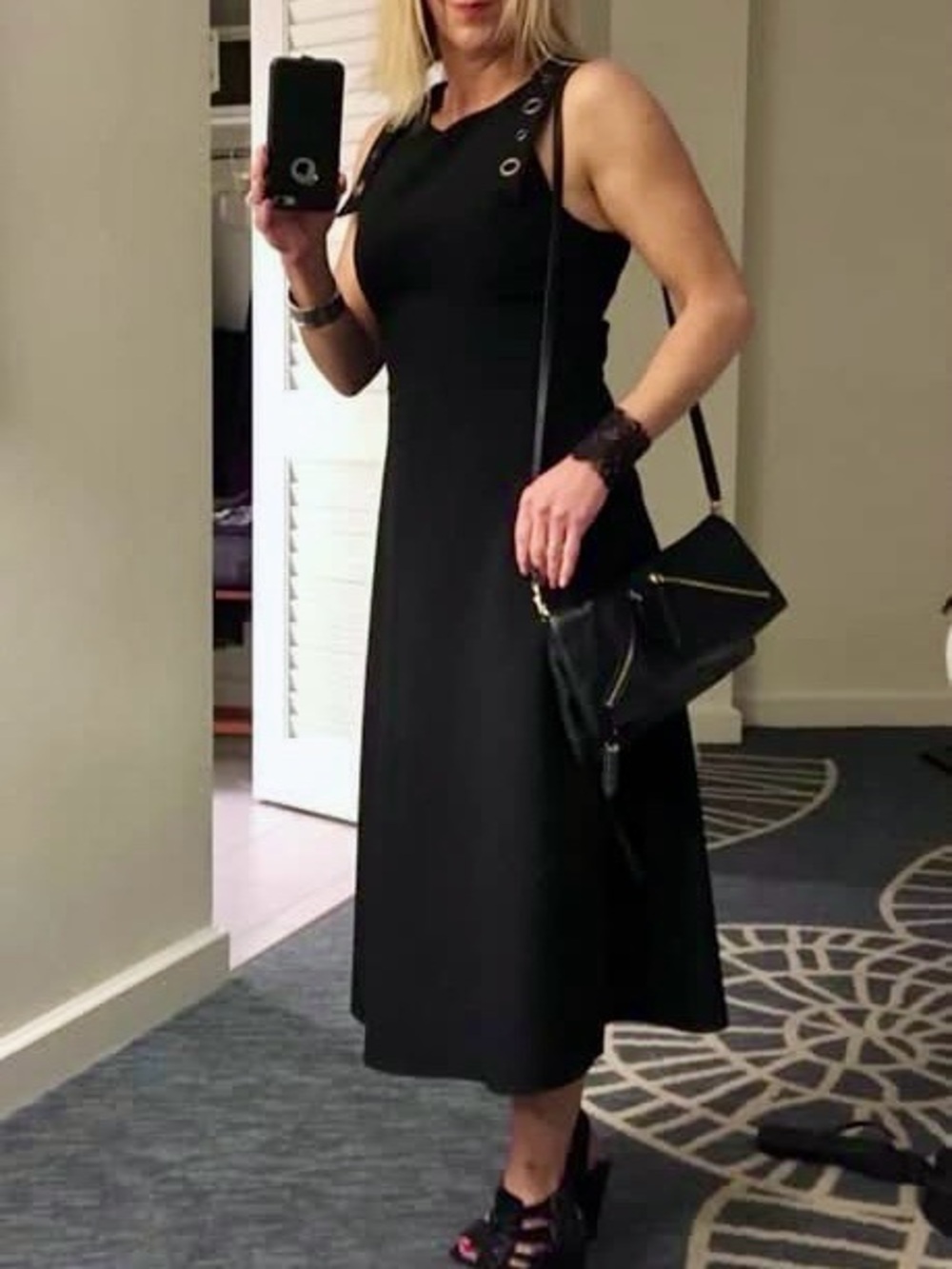 BCBGMaxAzria Black Sleeveless Midi Dress with Grommet Trim and pockets!